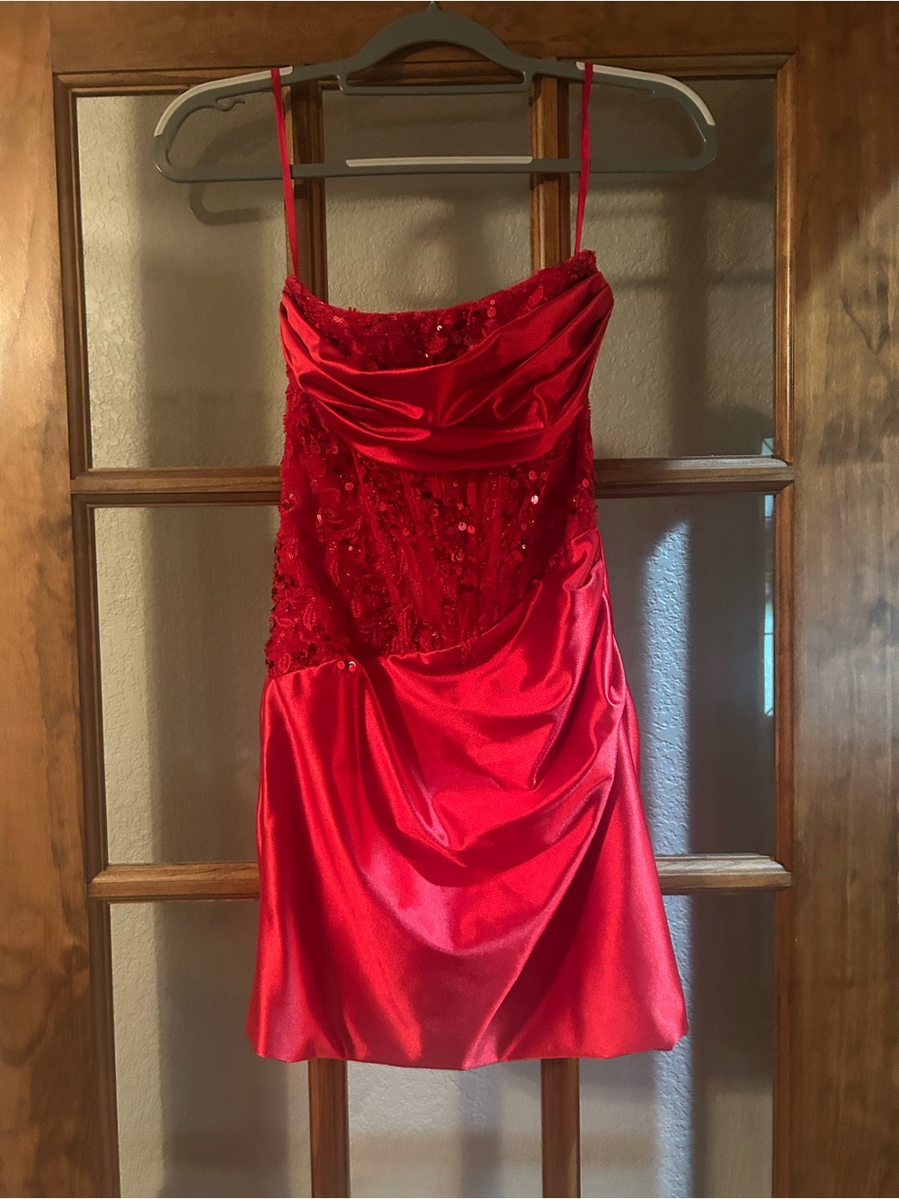 Red Sequin Satin Spaghetti-Strap Slip Dress